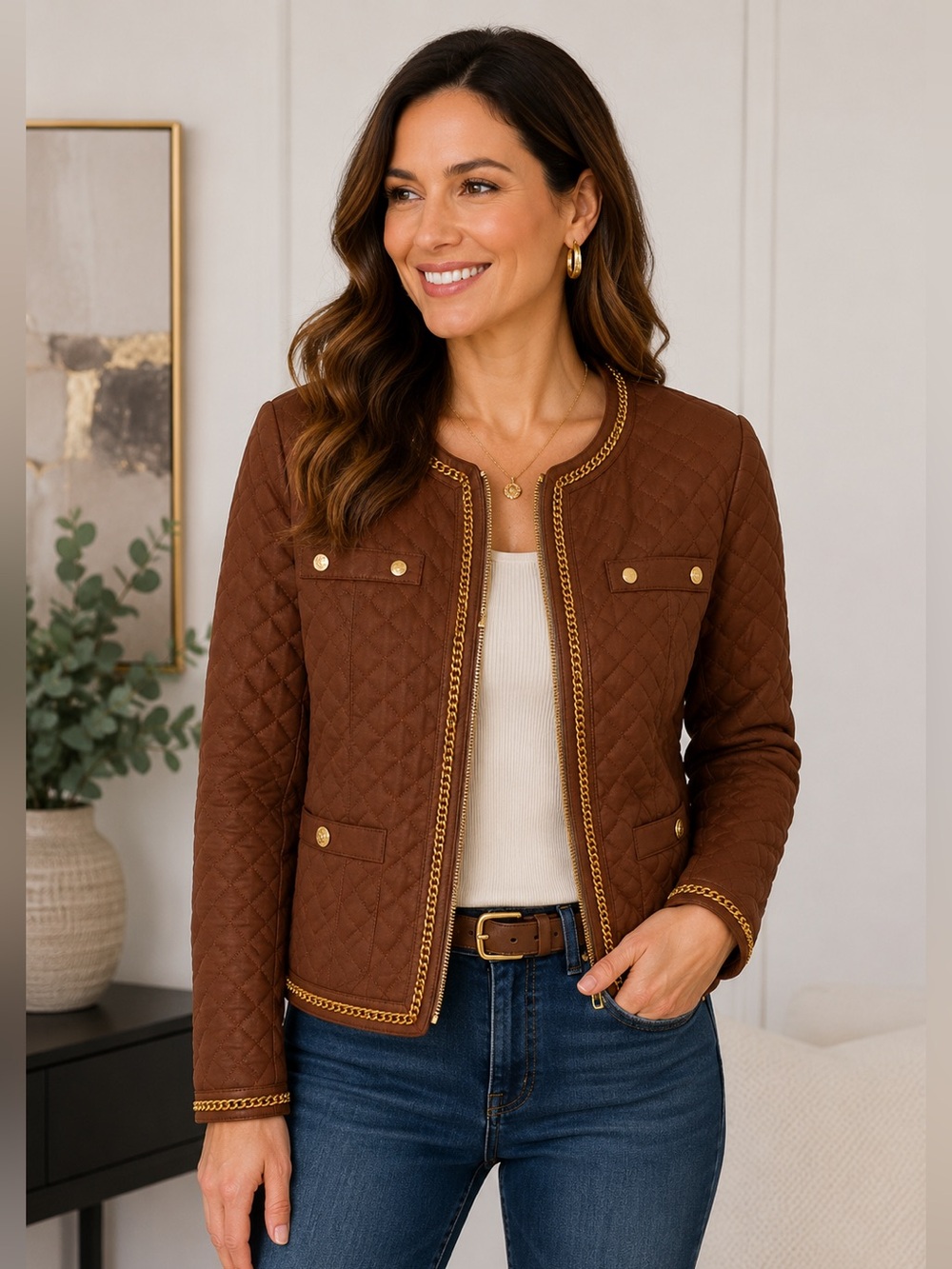ABS ALLEN SCHWARTZ Brown Gold Chain Trim Quilted Zip Jacket Quiet LUXURY SZ M